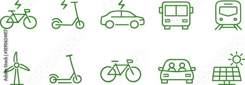 Collection of green energy transportation icons including electric vehicles and renewable power sources