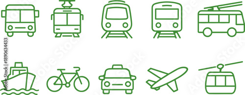 Collection of green transportation icons including bus, tram, train, airplane, and boat