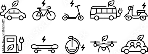 Collection of electric vehicle and sustainable transport icons with leaf and lightning bolt symbols