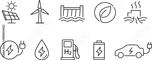Collection of clean energy icons including solar, wind, hydro, and electric car charging