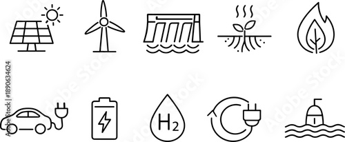Collection of renewable energy and sustainability icons in a clean line art style