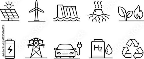 Collection of clean energy and sustainability icons including solar, wind, hydro, geothermal, and electric car
