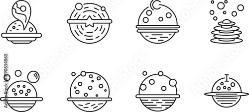 Collection of stylized planets and celestial bodies in a minimalist line art style