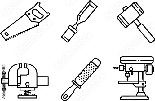 Collection of carpentry and workshop tools in a clean line art style