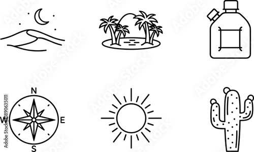 Collection of simple line art icons representing desert, island, and survival elements
