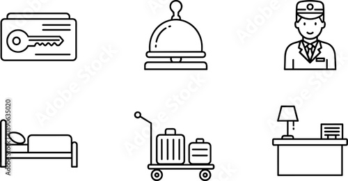 Hotel service icons: key card, bell, bellboy, bed, luggage cart, and reception desk