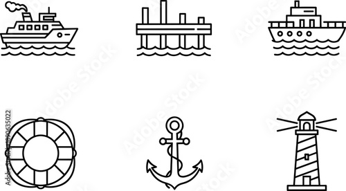 Collection of nautical and maritime icons including ships, lighthouse, anchor, and life preserver