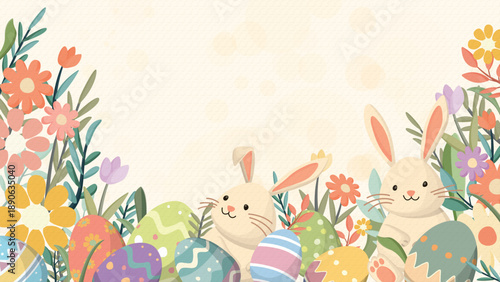 Cute Easter bunnies and decorated eggs in the garden hand drawn style on bond paper texture beige color background have blank space.