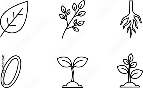 Set of icons depicting plant growth stages from seed to mature plant