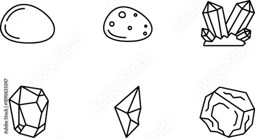 Collection of six simple line art icons representing different types of rocks and crystals