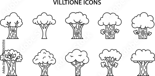 Collection of simple line art tree icons with varied trunk and canopy styles
