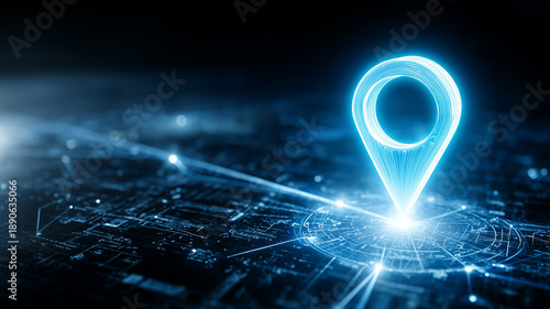 Holographic location pin over futuristic map interface representing GPS tracking, geospatial data, and precision navigation services.
