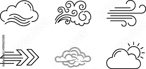 Collection of simple line icons representing weather and motion elements