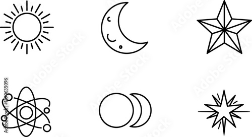 Collection of celestial and scientific icons including sun, moon, star, atom, and phases