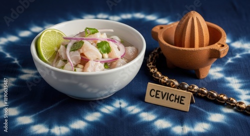 Gourmet South American Fish Ceviche in White Bowl with Indigo Sanjuanero Embroidery