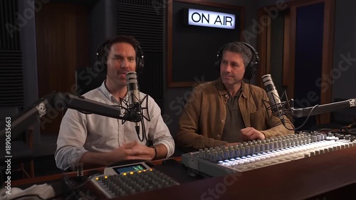 Two men discuss topics in a recording studio during a live show