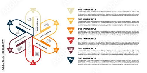 Vector circle 6 step infographic, cycle diagram, presentation chart. Business concept with 6 options, parts, steps, processes. Vector Eps