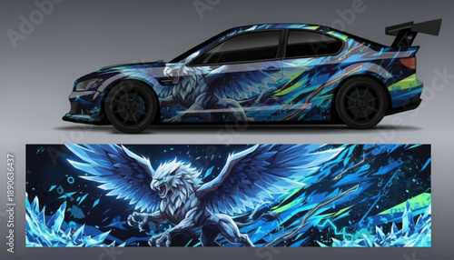 Custom car wrap design featuring a majestic winged creature with icy blue and green crystalline patterns on a black sports coupe.