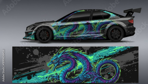 Custom car wrap design featuring a vibrant blue and green dragon graphic with grunge elements.