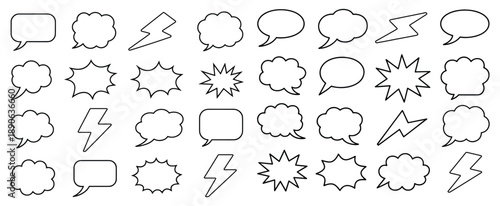 Speech bubbles lightning bolts and starburst shapes outlined in black, Speech Bubble and lightning bolt Icon Set, Blank comic book-style speech, lightning bolt and thought bubbles shapes