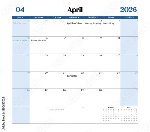April Month 2026 Calendar Page with Holidays and Celebrations of the United States.