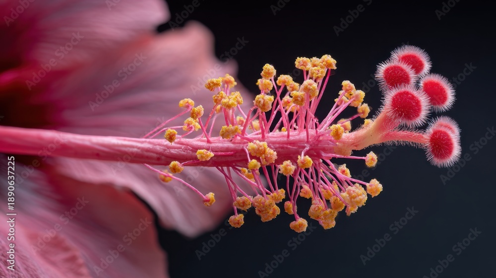 Fototapeta premium A pink hibiscus flower reveals its intricate stamen and pistol capturing natures beauty and elegance.