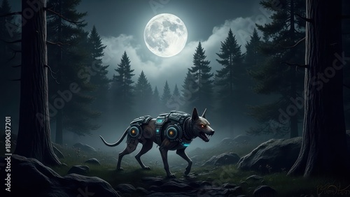 Technological canine in a mystical forest under a mesmerizing full moon glows with an ethereal light