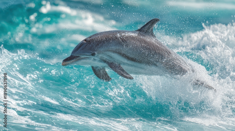 Fototapeta premium A playful dolphin jumps out of sparkling turquoise water splashing waves around it joyfully.