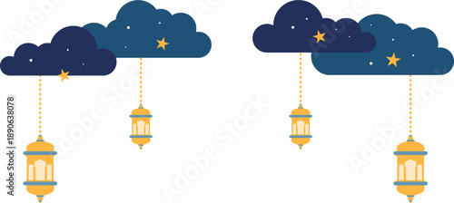 Ramadan night sky corner with lantern, stars, clouds illustration. Eid mubarak, ramadan kareem, arabic decoration for greeting card, poster, flyer, web banner. Vector isolated.
