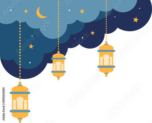 Ramadan night sky corner with lantern, stars, clouds illustration. Eid mubarak, ramadan kareem, arabic decoration for greeting card, poster, flyer, web banner. Vector isolated.