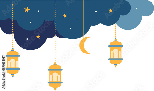 Ramadan night sky corner with lantern, stars, clouds illustration. Eid mubarak, ramadan kareem, arabic decoration for greeting card, poster, flyer, web banner. Vector isolated.