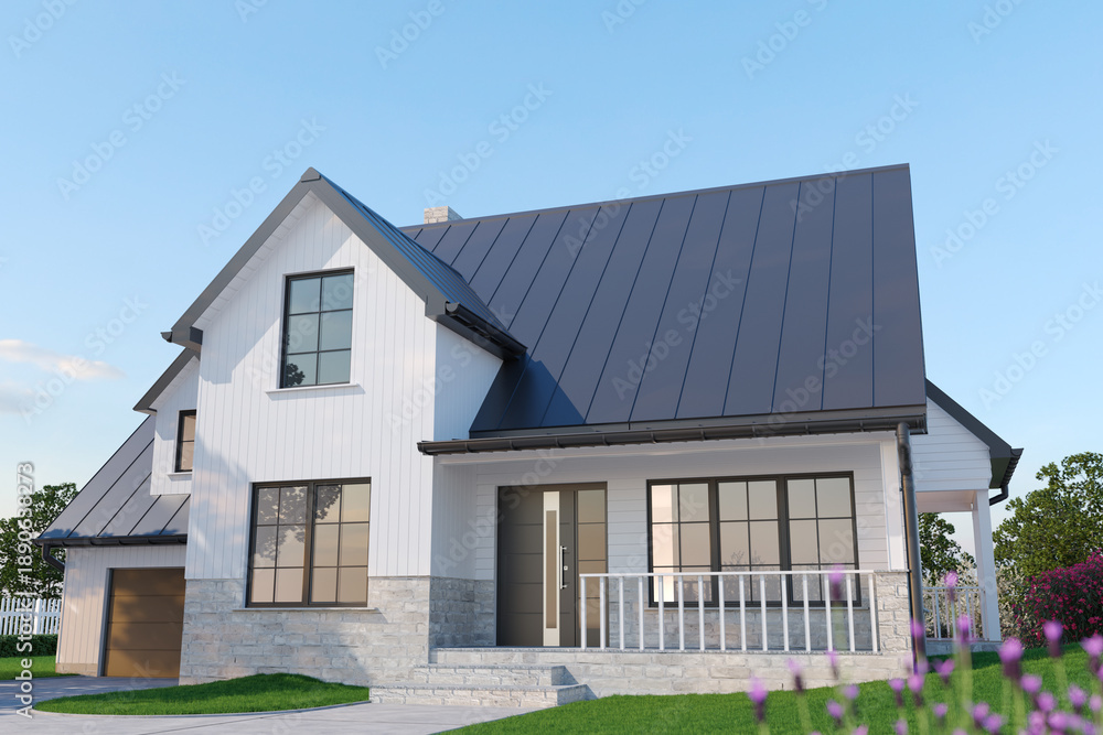 Fototapeta premium White modern American house exterior, 3d illustration