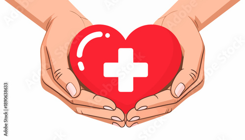 Hands Holding Red Heart with Medical Cross Sign