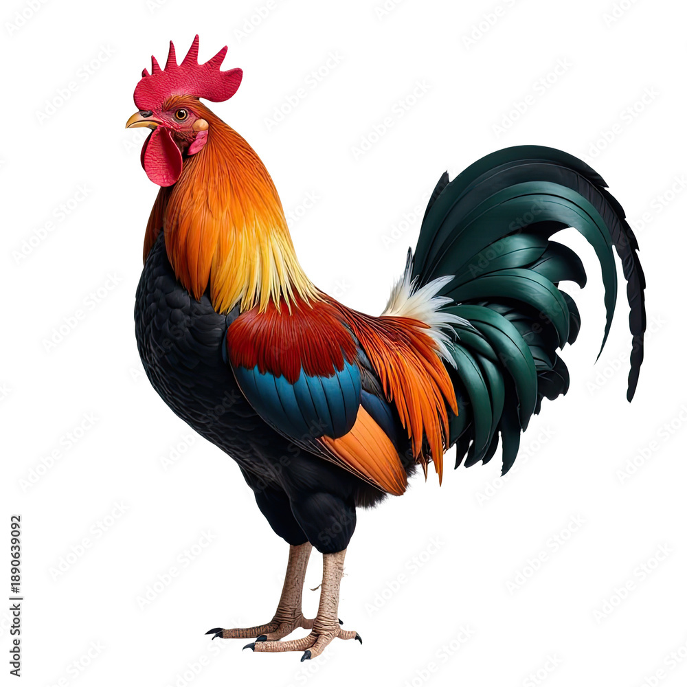 Fototapeta premium A vibrant rooster standing on a plain white surface, ready to spread its colorful plumage