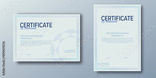 Certificate with celtic rainbow pattern. Cool colors, QR code, lead blue tones, and classic style.