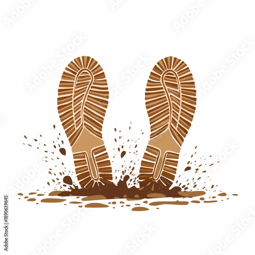 Dirty tracks, foot print in wet mud, muddy boots