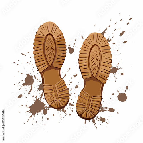 Dirty tracks, foot print in wet mud, muddy boots