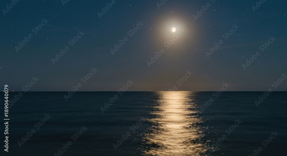 Fototapeta premium Night scape. The moon glows above calm waters, casting a shimmering reflection. Scattered stars dot the sky