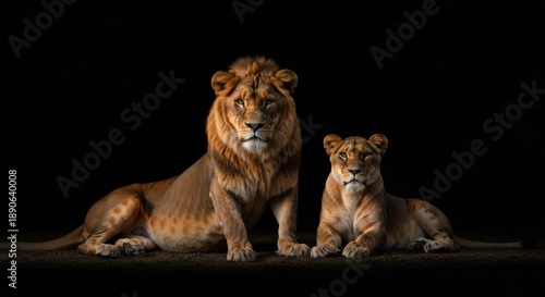 Majestic lion and lioness rest, facing forward with intense gaze, dark background