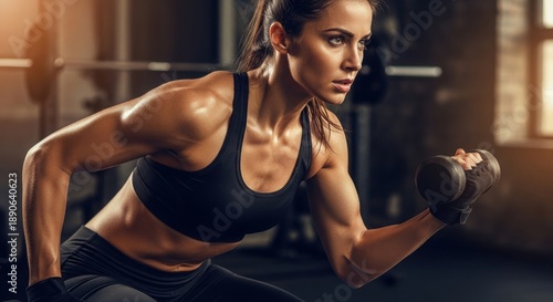 Fit woman with muscular arms lifting a dumbbell in a gritty gym. Intense focus and determination for fitness and weightlifting. Strong and healthy.