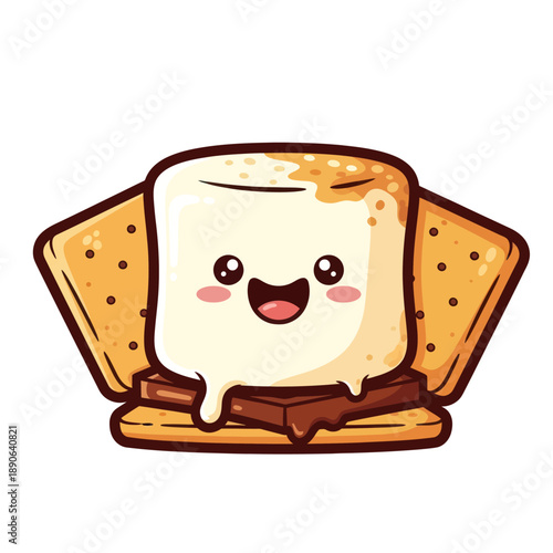 Cute Smiling Marshmallow S'more Character with Graham Crackers and Chocolate
