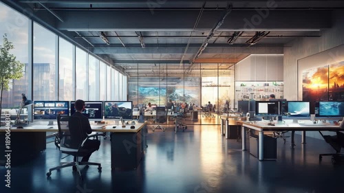 Wallpaper Mural Modern Open Plan Office with Employees Working on Multi-Monitor Workstations and City View Torontodigital.ca