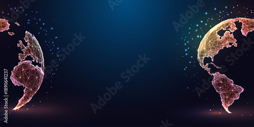Two hemispheres of glowing digital Earth, global connection and technological transformation vector