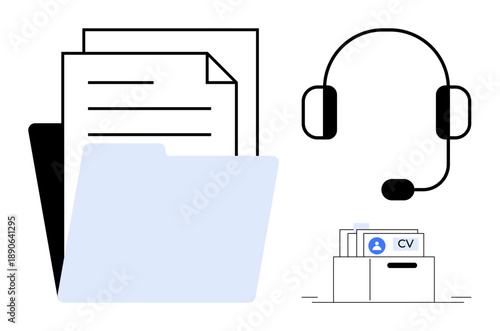 Recruitment tools. File folders, resumes, and headsets highlight recruitment and communication essentials. Focus on resumes, recruitment process, and hiring. For HR, hiring career and communication