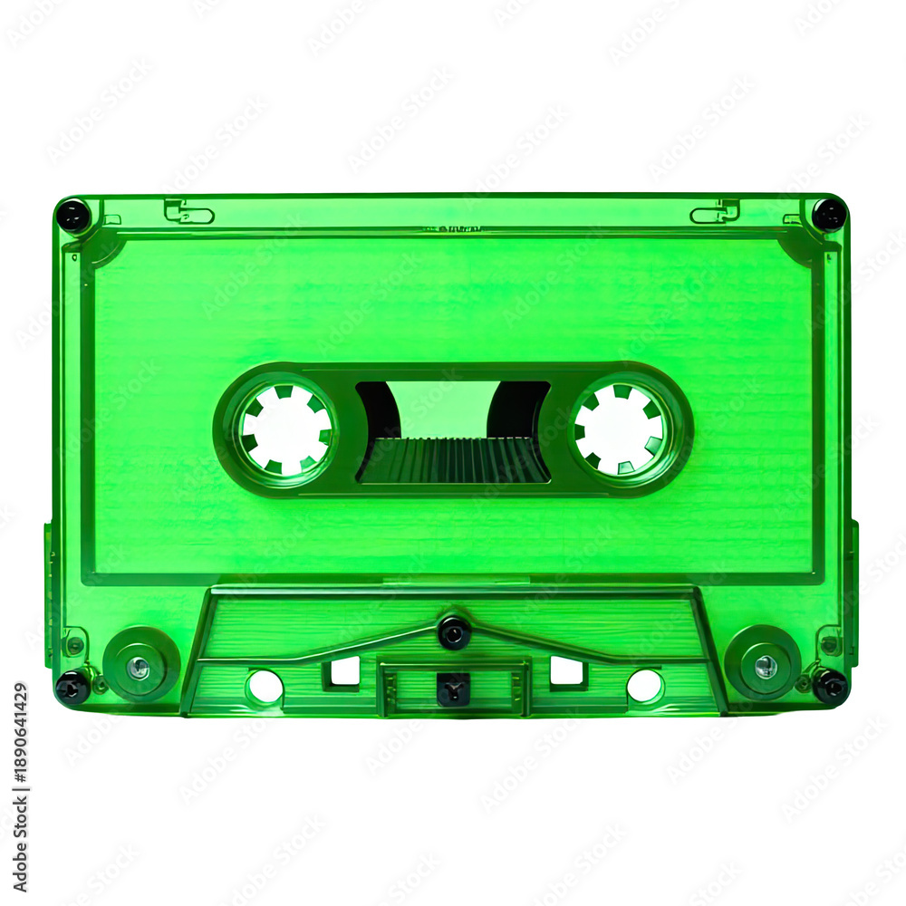 Naklejka premium A close-up shot of a green cassette tape on a clean white background, perfect for music or nostalgia-related uses