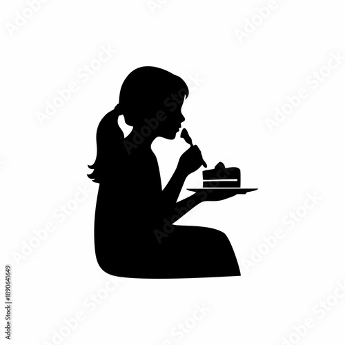 Silhouette of a Little Girl Eating a Slice of Cake with a Fork