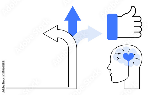 Decision-making concept. Features a brain with a heart, directional arrows for choices, and a thumbs-up to positive outcomes. Decision-making in psychology, business, choices, behavior