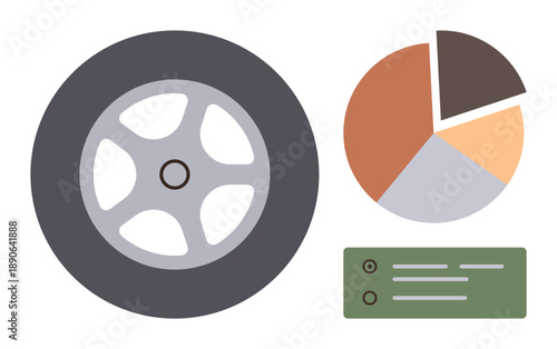 Business data, vehicle analysis, logistics, progress tracking, automotive industry, research presentation. Minimalistic diagram including a wheel, pie chart and text. Business data and vehicle