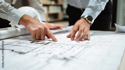 Construction planning with professionals pointing at architectural floor plans on table