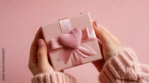 Delicate pink gift box with heart and ribbon held in hands against soft pink background